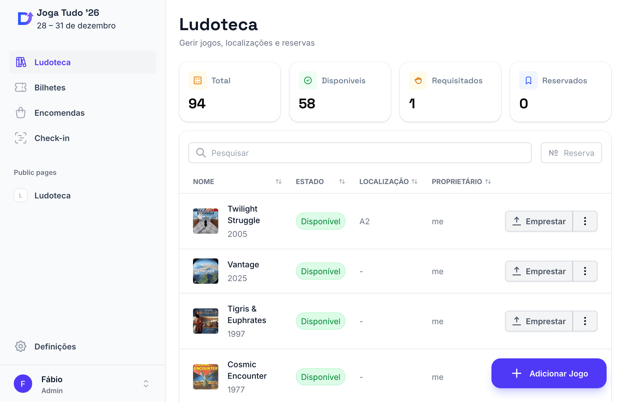 The admin library: totals for available, lent and reserved games, and a list of games with their location, owner and a Lend button