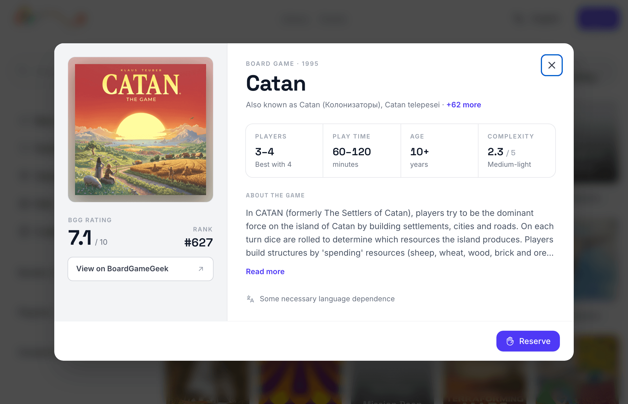 A game’s page in the library, with player count, play time, age, complexity and a Reserve button