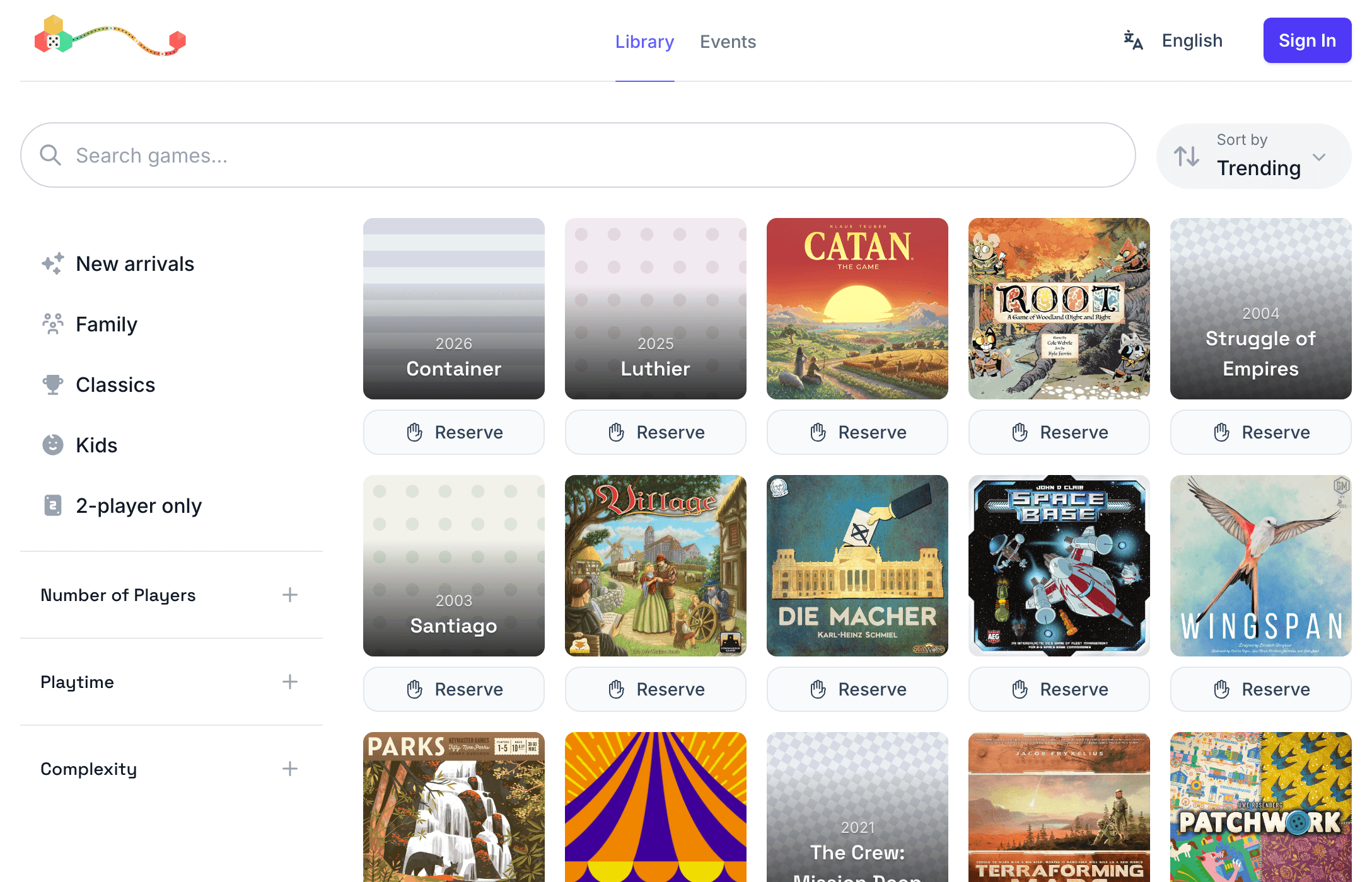 The public game library, with search, shelves, filters and a Reserve button under every game